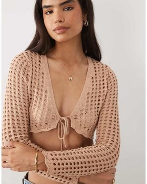 Miss Selfridge Crop Crochet Tie Front Cardigan - Brown
