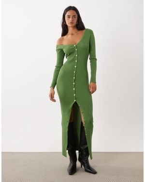 Kaiia Exclusive Ribbed Knit Asymmetric Neckline Button Through Maxi Dress - Green