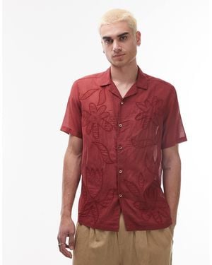 TOPMAN Short Sleeve Sheer Embroide Floral Shirt - Red