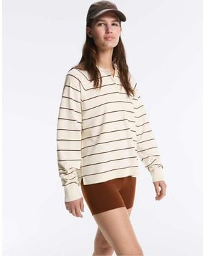 Oysho Striped Long-sleeve Polo Shirt - White