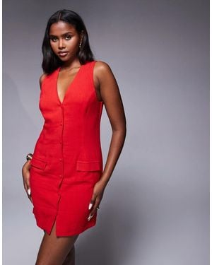 ASOS Vestito Corto A Gilet Effetto Lino Rosso