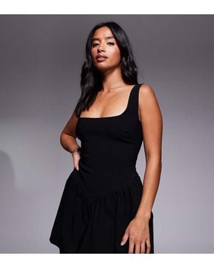 Vesper Petite Bengaline Square Neck Drop Waist Detail Skater Mini Dress - Black