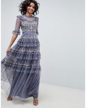 Needle & Thread Embroidered Maxi Gown In Vintage Navy - Blue