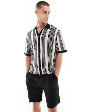 Bershka Knitted Button Through Stripe Shirt - Black