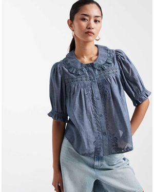 Miss Selfridge Chambray Peter Collar Blouse With Lace Detail - Blue