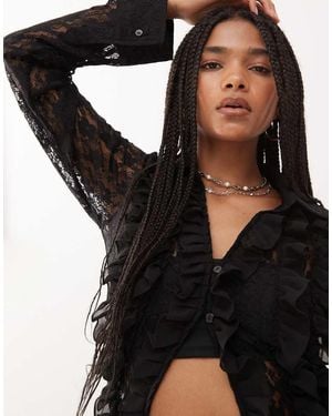 Amy Lynn Frill Detail Lace Shirt - Black