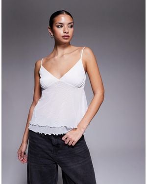 Fashionkilla Exclusive Mesh Overlay Lettuce Edge Hem Cami Peplum Top - Gray