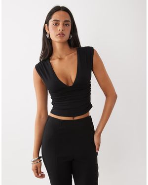 Oh Polly Modal Plunge Ruched Detail Top Co-Ord - Black