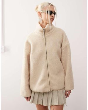 Monki Fleece Met Roze Bloemenvoering, Lange Mouwen, Rits En Contrasterende Biesjes - Naturel