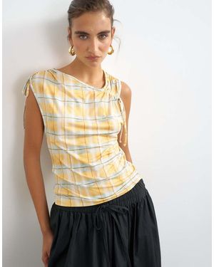 TOPSHOP Check Mesh Ruched Detail Top - Natural