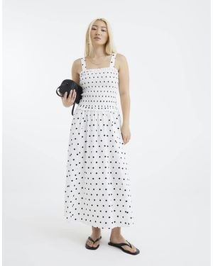 River Island Polka Dot Shirred Midi Dress - White