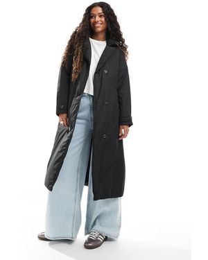 Brave Soul Long Double Breasted Padded Coat With Belt - Black