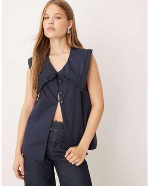 Vrg Grl Mae Collar Detail Short Sleeve Blouse - Blue
