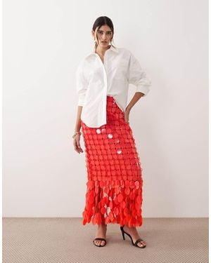 ARRANGE Futurist Sequin Fringe Hem Midi Skirt - Red
