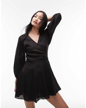 & Other Stories Linen Wrap Front Mini Dress With Puff Sleeves - Black