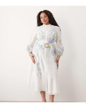 Forever New Vestido Camisero Midi Blanco Abotonado De Manga Larga Con Estampado Floral