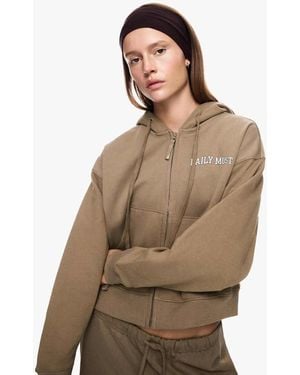 Bershka Embroidered Zip-Up Hoodie - Brown