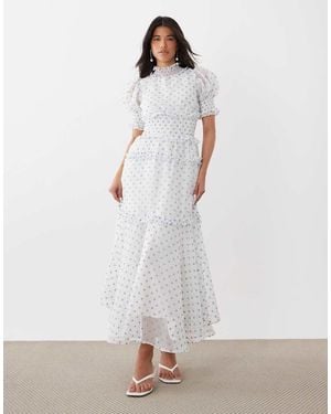Sister Jane Chiffon Shirred Ruffle Puff Sleeve Maxi Dress - White