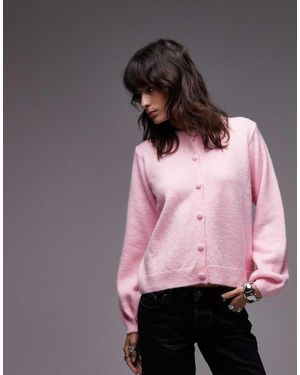 ASOS Fluffy Knitted Cardigan With Blouson Sleeve Detail - Pink