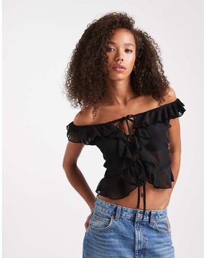 Edikted Sheer Chiffon Ruffled Off Shoulder Top - Black