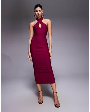 Vesper Bengaline Cross Front Halterneck Keyhole Detail Midaxi Dress - Purple