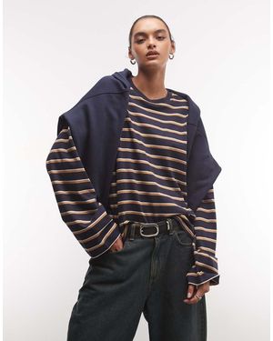 Monki T-Shirt Oversize A Maniche Lunghe A Righe E Marroni - Blu