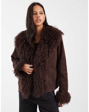 Pieces Faux Fur Trim Short Penny Lane Coat - Brown