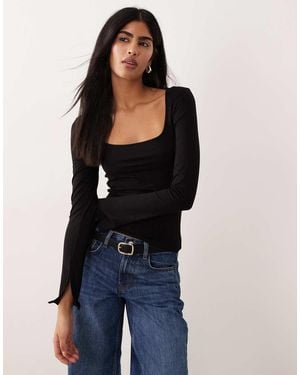 Gina Tricot Long Sleeve Top With Scoop Neck And Split Cuffs - Blue