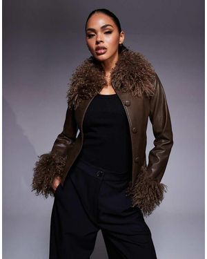 Princess Polly Cupid shaggy Faux Fur Trim Leather Look Jacket - Grey