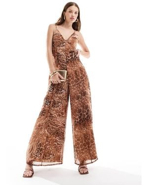 ASOS V Neck Sheer Panel Chiffon Jumpsuit - Brown