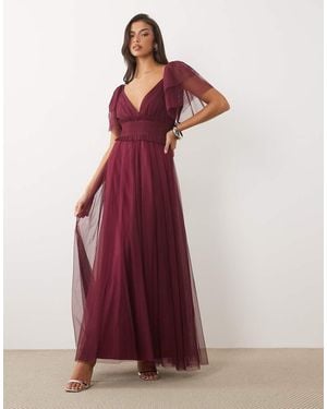 LACE & BEADS Bridesmaid Shirred Waist V-neck Mesh Flutter Sleeve Maxi Dress