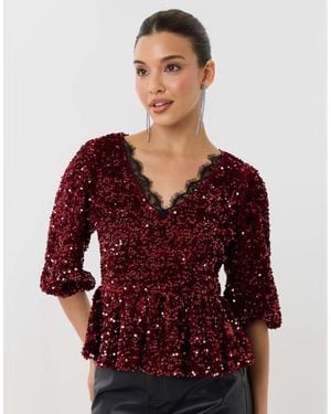Threadbare Sequin Puff Sleeve Top With Lace Trim - Red