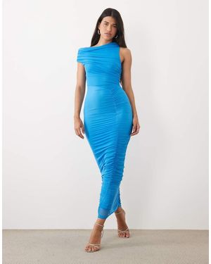 ASOS Mesh Asymmetric Neck Off Shoulder Ruched Maxi Dress - Blue