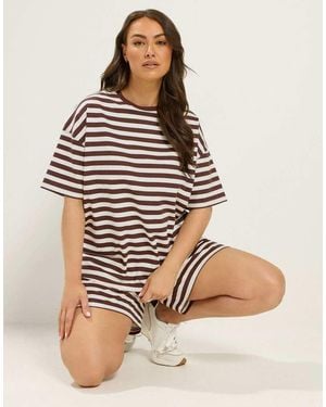 Yours Clothing Stripe T-Shirt & Shorts Co-Ord - Brown