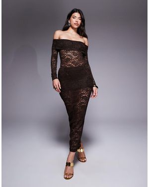 Murci Exclusive Sheer Lace Bardot Bodysuit And Foldover Waist Maxi Skirt Set - Brown