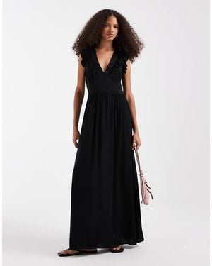 Vero Moda Easy Joy Ruffle Shoulder Plunge Front Midi Dress - Black