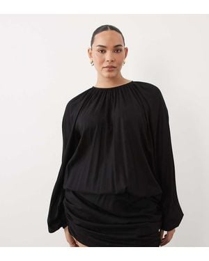 ASOS Asos Design Curve Crew Neck Mini Dress With Gathered Skirt Detail - Black