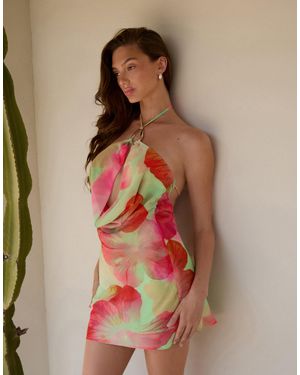 The Frolic Exclusive Chiffon Gold Hardware Open Cowl Detail Ruched Mini Dress - Multicolor