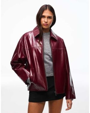 Bershka Faux Leather Trucker Jacket - Red