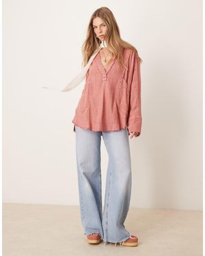 Free People Relaxed Oversized Striped Shirt - Red