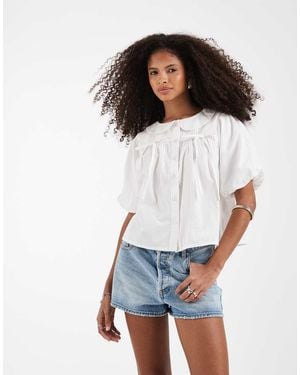 Neon Rose Bow Detail Short Sleeve Collared Top - White