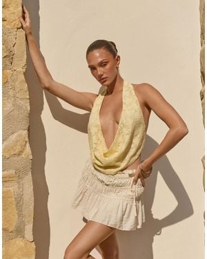 The Frolic Exclusive Textured Jacquard Deep Plunge Cowl Neck Backless Top - Natural