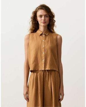 Oysho 100% Linen Sleeveless Cropped Shirt - Brown