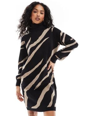 Object Vestido Con Cuello Vuelto Y Estampado De Cebra Abstracto De Punto De -Negro