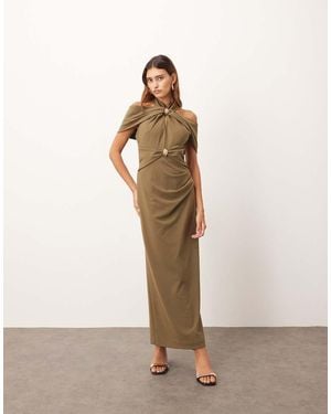 ARRANGE Off Shoulder Halter Maxi Dress With Gold Hardware - Natural