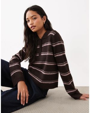 Aware Hairy Yarn Knitted Rugby Polo Style Jumper - Brown