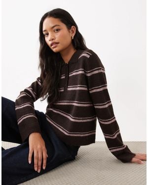 Aware Pull style polo rugby en maille à fil duveteux à rayures chocolat - Marron