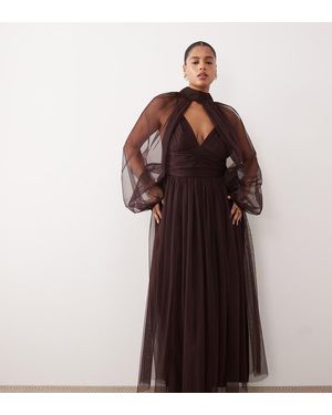 Lace & Beads Plus Removable Sleeve Tulle Maxi Dress - Brown