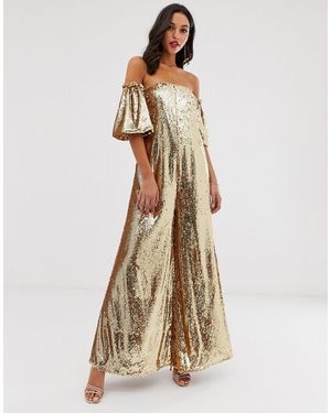 ASOS Gold Sequin Off Shoulder Jumpsuit - Metallic