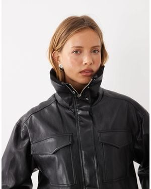 Mango Funnel Neck Cinched Waist Faux Leather Jacket - Black